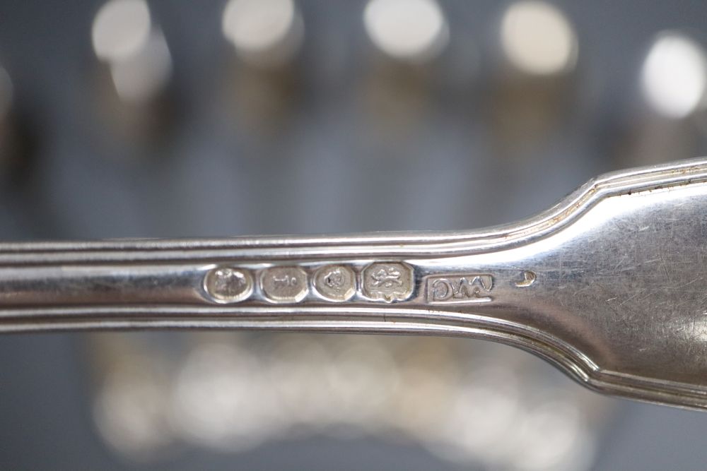 A set of eight George IV silver double struck, fiddle, thread and shell pattern table spoons, William Chawner II, London, 1824,